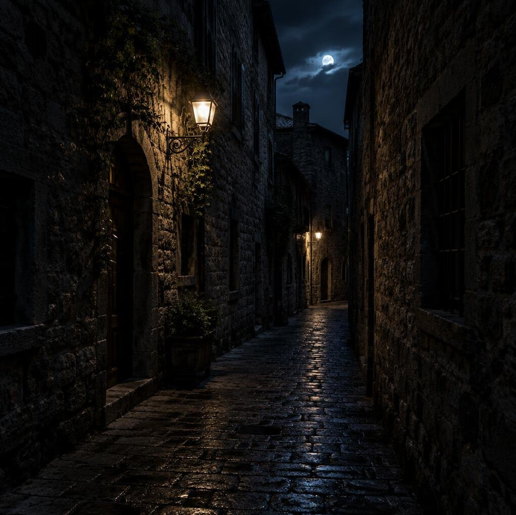 Dark narrow alley at night with dim lighting