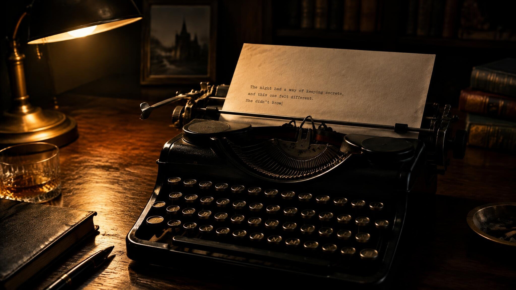 Vintage typewriter with a manuscript page under warm desk lamp light