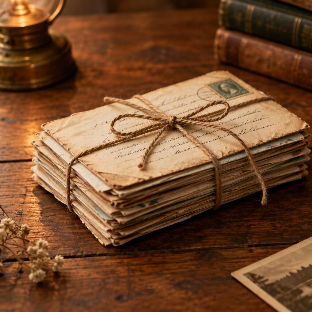Stack of old handwritten letters tied with string