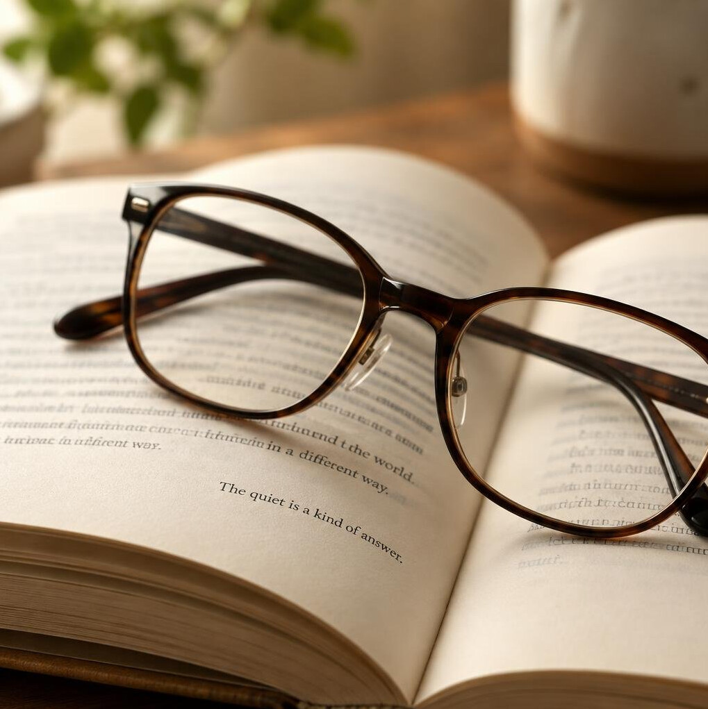 Reading glasses resting on an open book