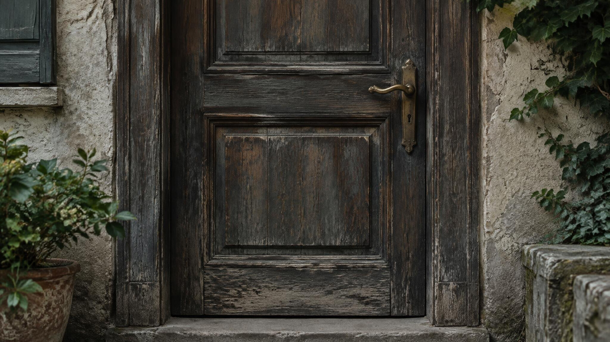 Old wooden entrance door with brass handle