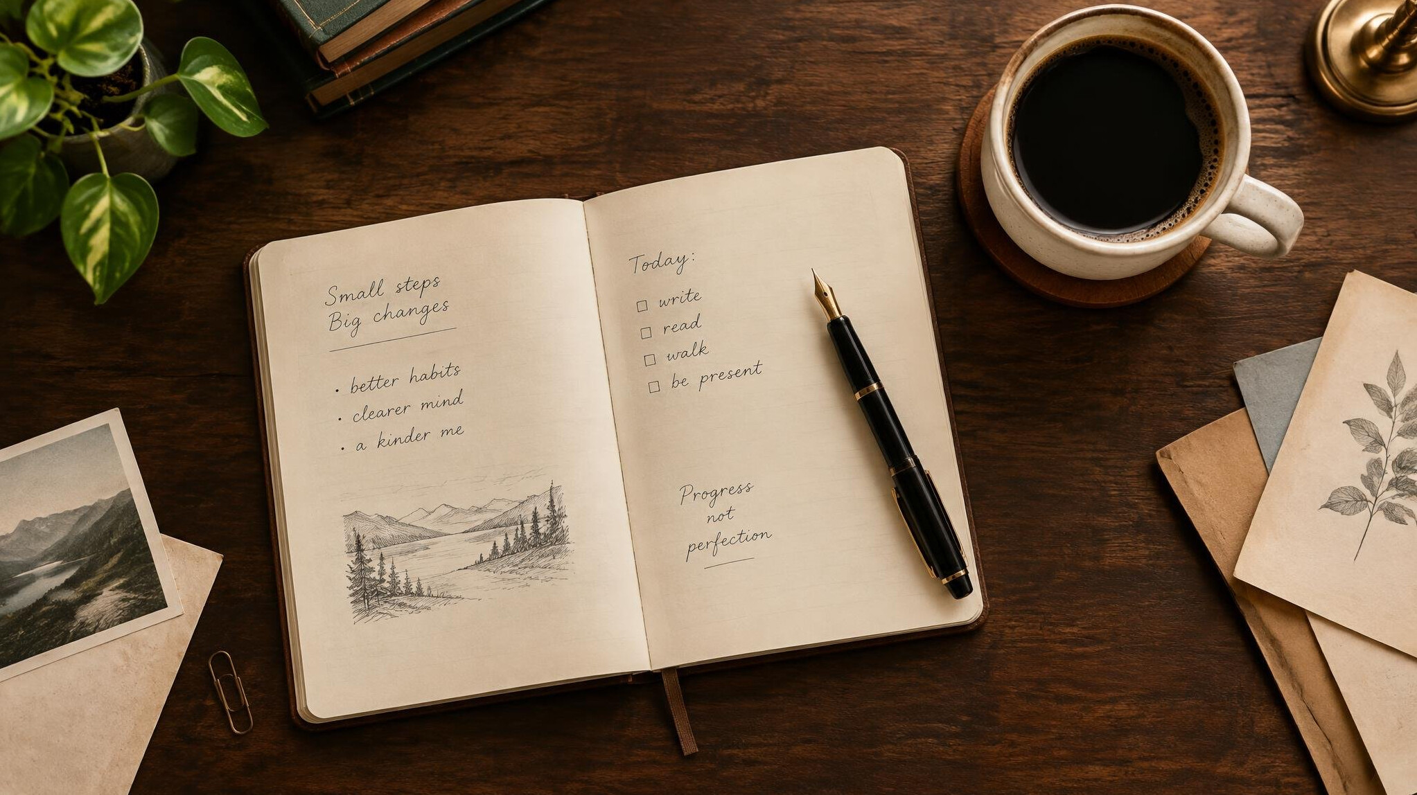 Notebook, fountain pen and coffee cup on a wooden desk